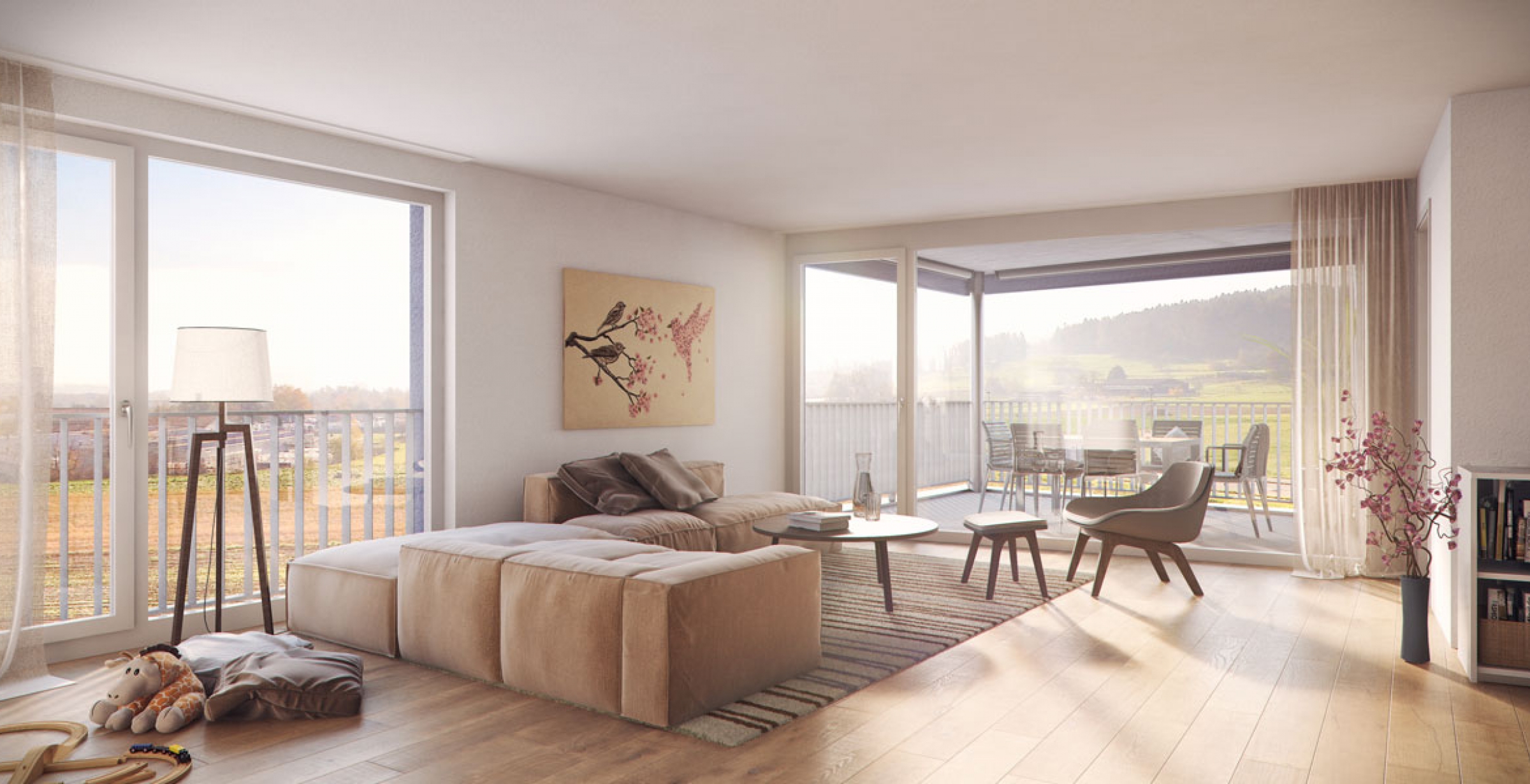 Kreuzäcker, Wohnzimmer Innenansicht 3D-Rendering